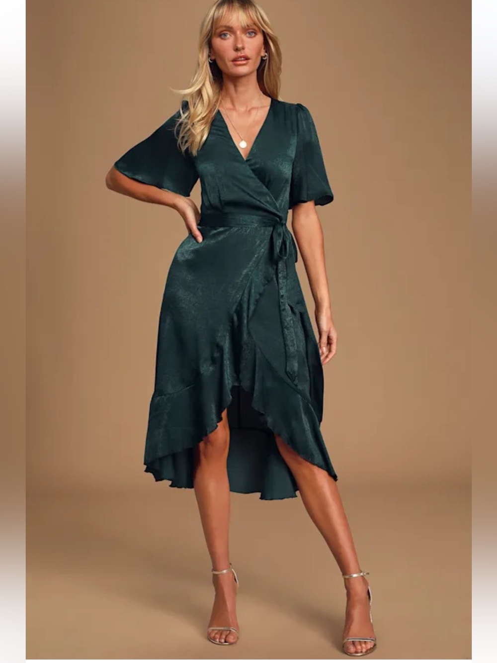 Lulus Wrapped Up In Love Dark Green Satin Faux-Wrap Midi Dress